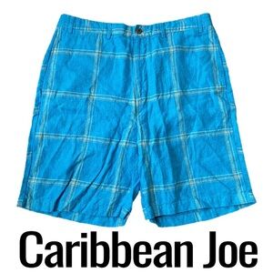 Caribbean Joe Blue Multicolor Plaid 100% Linen Shorts Men’s Size 36